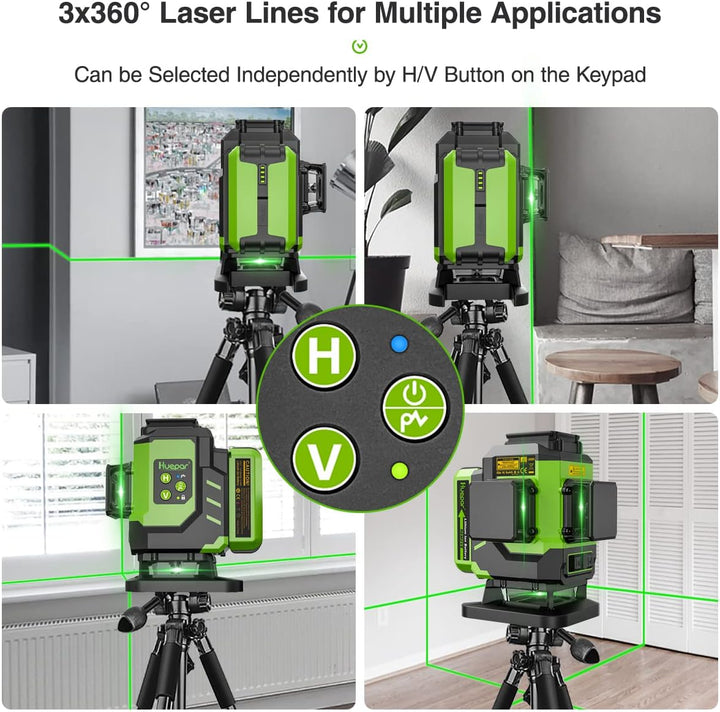 Huepar 3 x 360 Kreuzlinienlaser Grün 3D Grad Linienlaser Selbstnivellierend und Ausrichtung Fliesenb