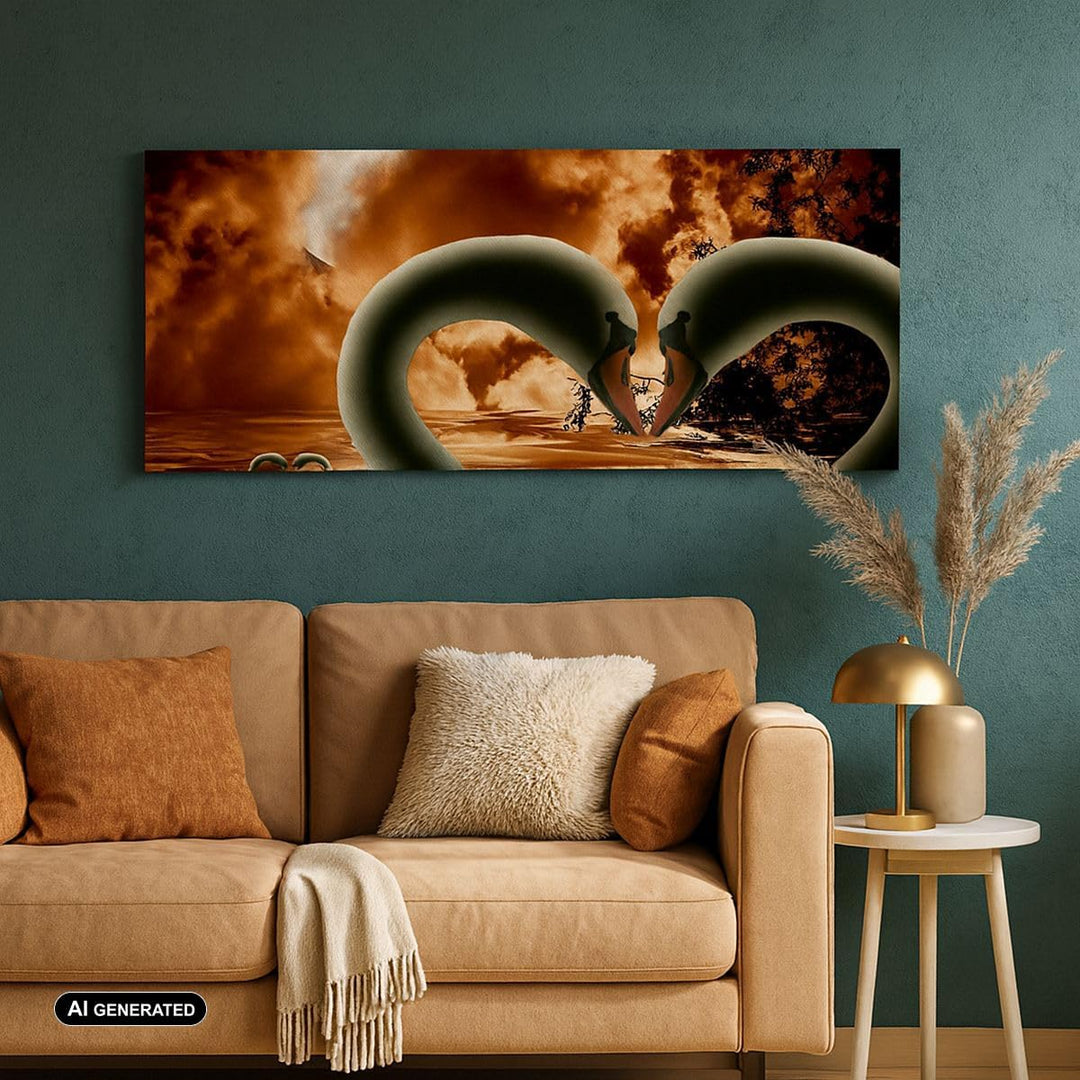Panorama Bilder auf Leinwand 100x40cm Leinwandbild Schwäne Nacht Liebe Gross Wanddeko Bild Schlafzim