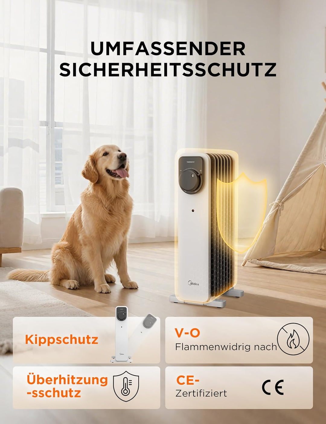 Midea Ölradiator, 2000W 9 Rippen tragbarer Elektroheizer mit Drehknopfregelung und einstellbarem The