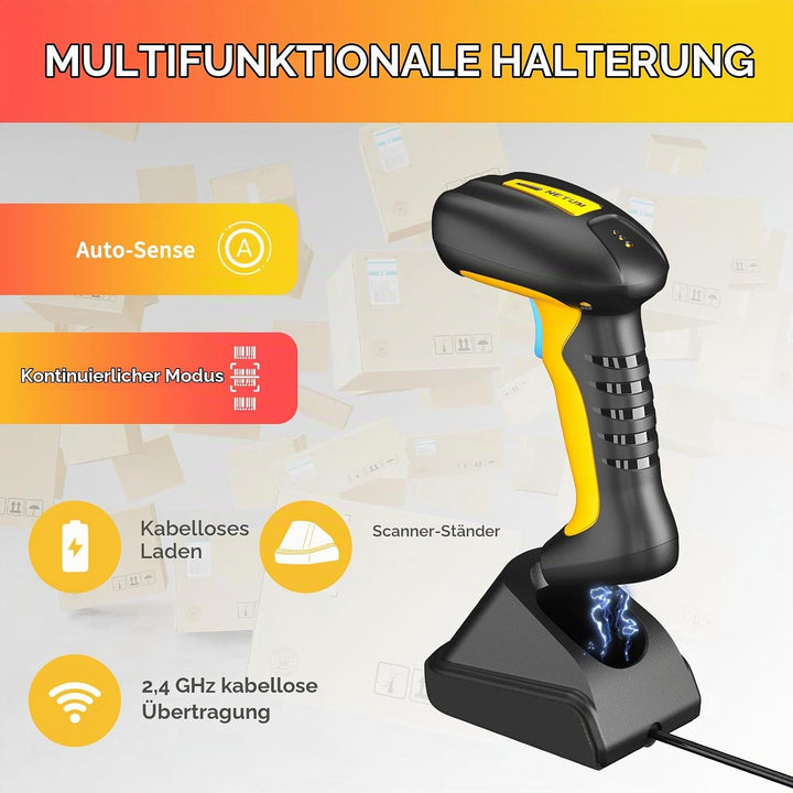 NETUM Upgraded QR Industrial Bluetooth Barcode Scanner mit Ladedock, Wireless 2D 1D Barcode Reader 2