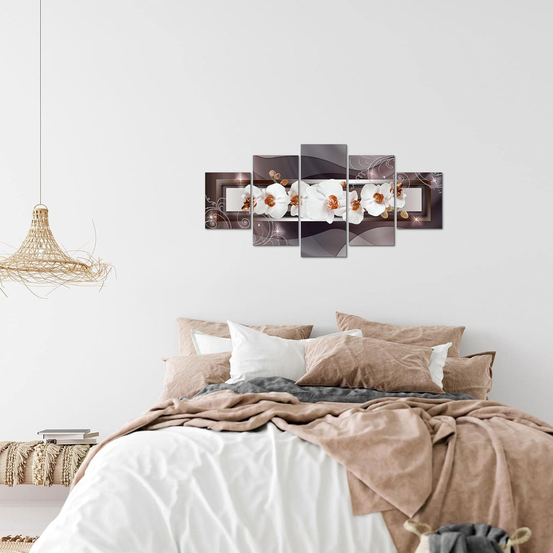 Runa Art Wandbilder Blumen Orchidee 5 Teilig Bild auf Vlies Leinwand Deko Wohnzimmer Abstrakt Braun