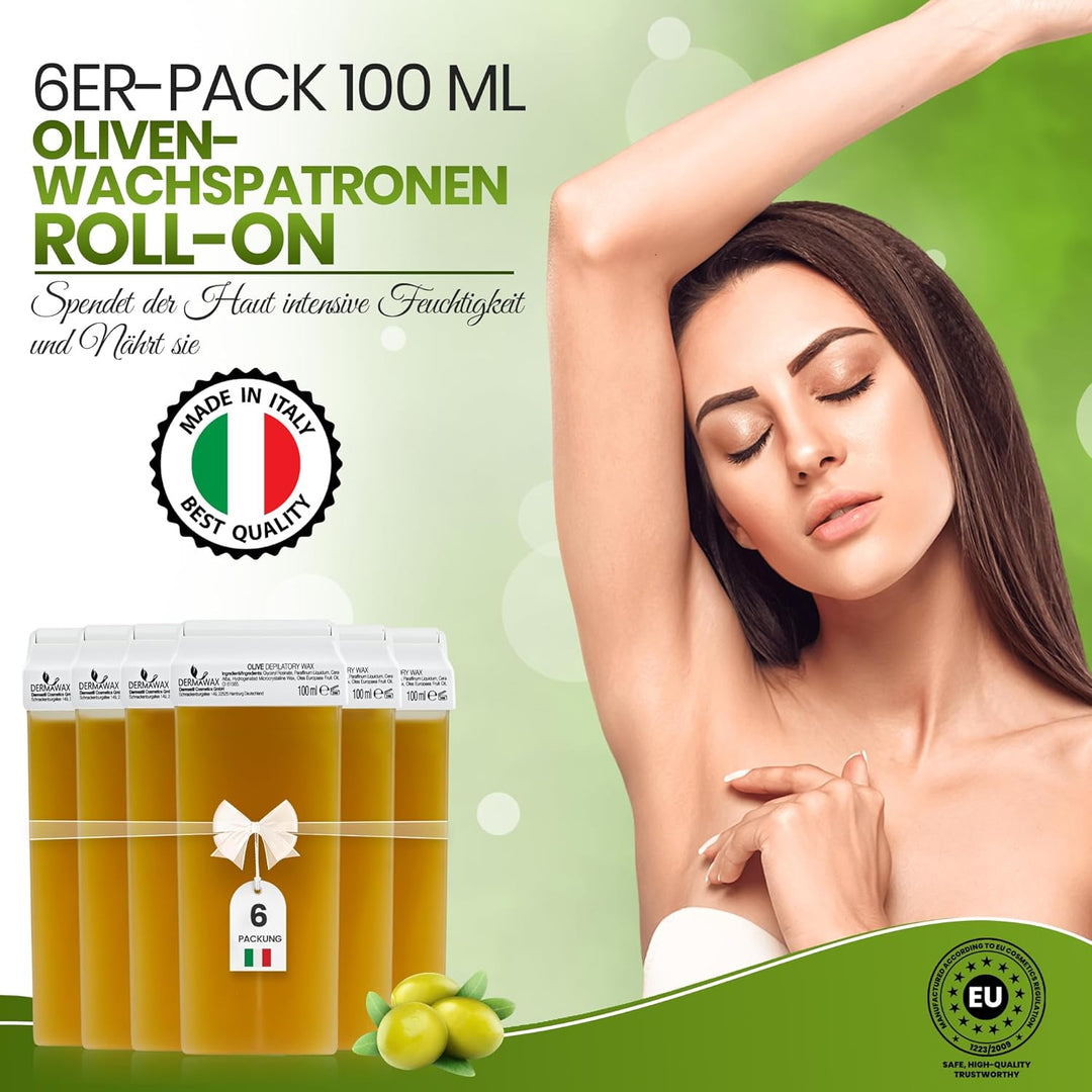 DERMAWAX 6x 100 ml Roll-On Wax Nachfüllset - Warmwachs für empfindliche Haut- ideal für Achseln Bein