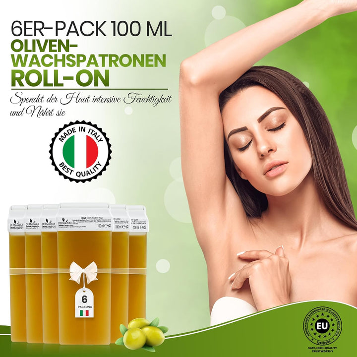 DERMAWAX 6x 100 ml Roll-On Wax Nachfüllset - Warmwachs für empfindliche Haut- ideal für Achseln Bein