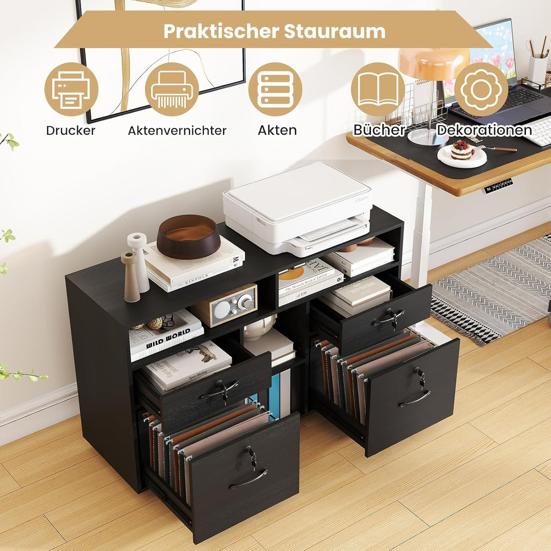 COSTWAY Rollcontainer mit 4 Schubladen, mobiler Aktenschrank abschliessbar mit verstellbarem Regal &