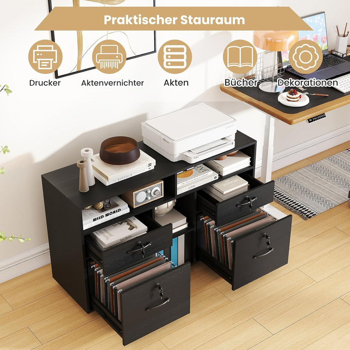 COSTWAY Rollcontainer mit 4 Schubladen, mobiler Aktenschrank abschliessbar mit verstellbarem Regal &