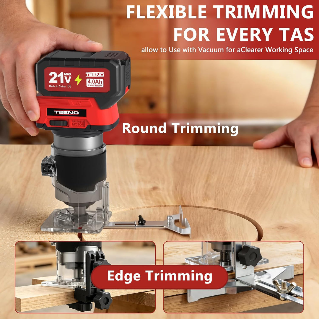 Akku-Holzhobel 20V, tragbare Mini Oberfräse mit 2 x 4,0 Ah Akkus und bürstenlosem Motor, 6 variable