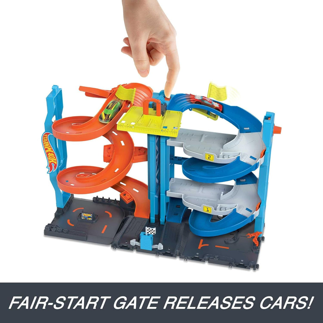 Hot Wheels City Trackset mit 1 Auto, 2-in-1-Rennturm, von Einzelbahn in zweispurige Rennbahn umwande