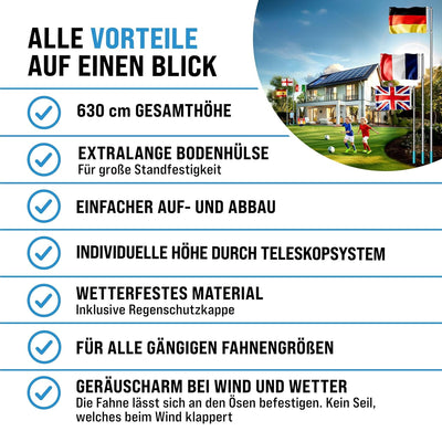 Monzana Aluminium Teleskop Fahnenmast 6,30m Bodenhülse 60cm inkl Deutschlandfahne Flaggenmast Mast F