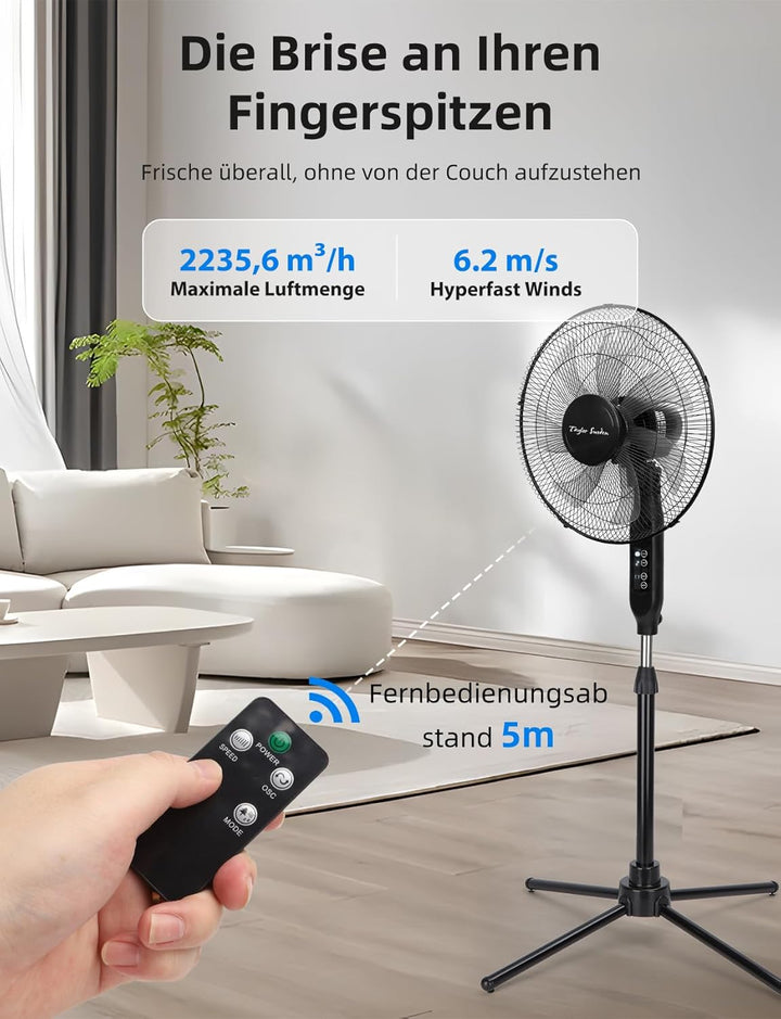 Taylor Swoden Standventilator mit Fernbedienung, Leise, 9h Timer, LED-Anzeige, 7-Flügel, Höhenverste