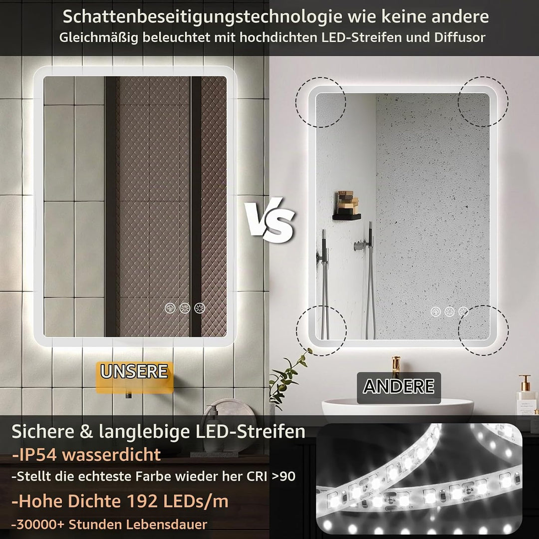 Ratsamee Badezimmerspiegel mit Beleuchtung LED, 50x70cm Spiegel mit Light, Wandspiegel mit Frontbele