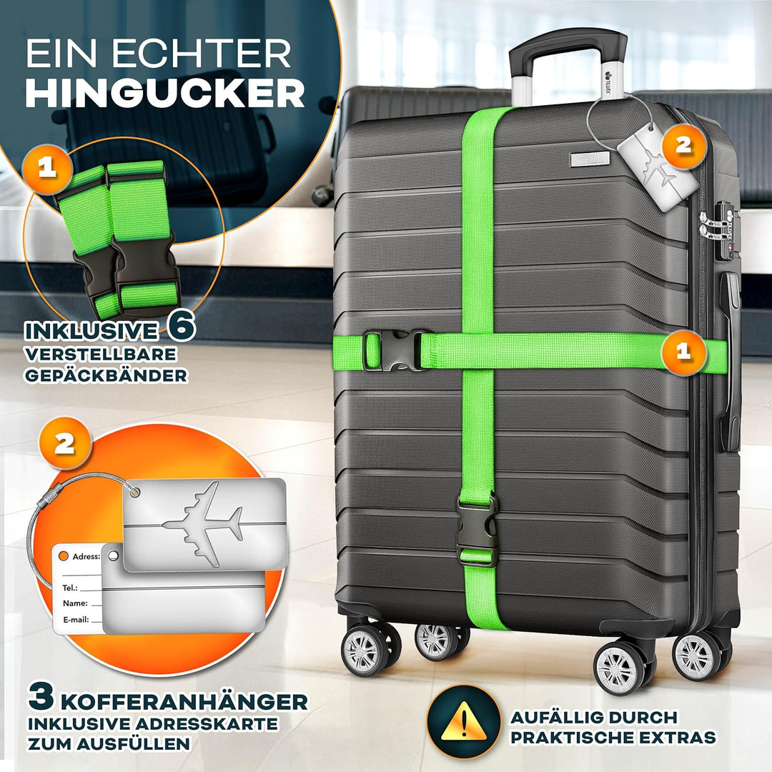tillvex® Reisekoffer Set 3-TLG. + Gepäckwaage, 6X Koffergurte & 3X Kofferanhänger | Kofferset 4 Roll