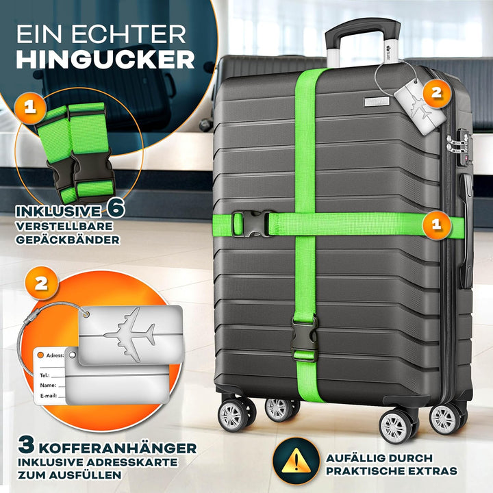 tillvex® Reisekoffer Set 3-TLG. + Gepäckwaage, 6X Koffergurte & 3X Kofferanhänger | Kofferset 4 Roll