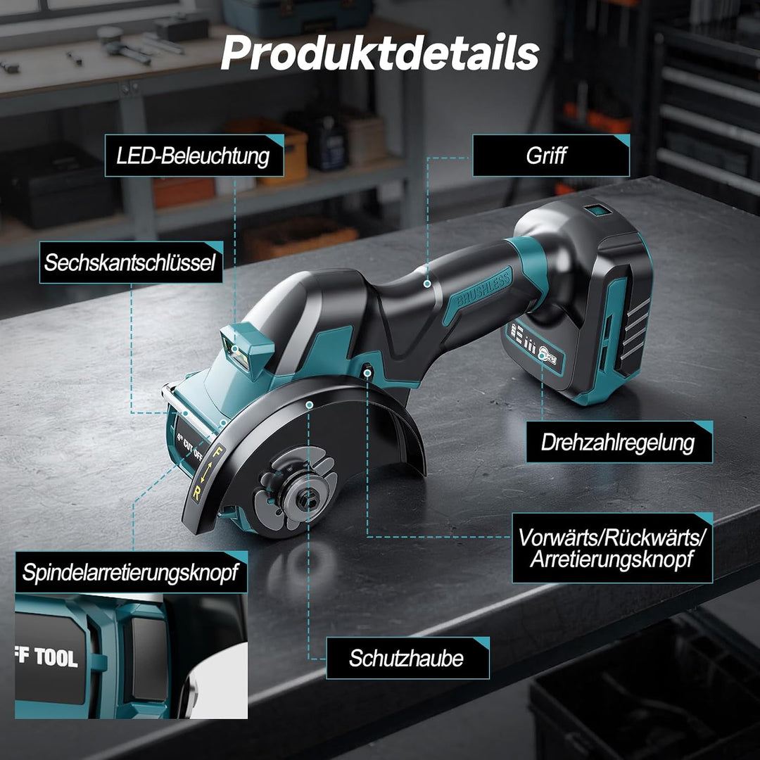 Yofuly Mini Winkelschleifer 100mm Kompatibel mit Makita 18V Akku, Bürstenloser 3 Geschwindigkeitsstu