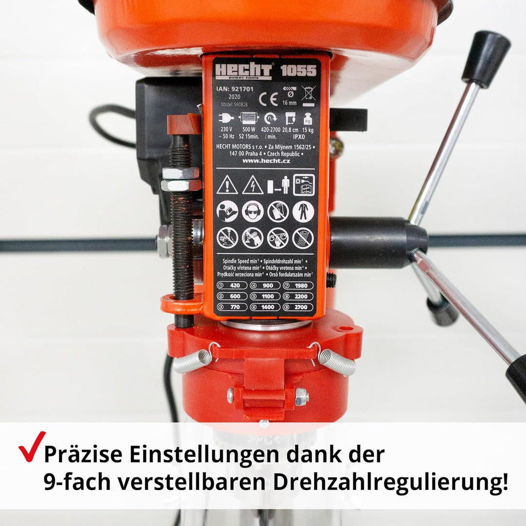 Hecht Standbohrmaschine, Säulenbohrmaschine mit starken 550 Watt – 9-stufige Dreh-zahlregelung, dreh