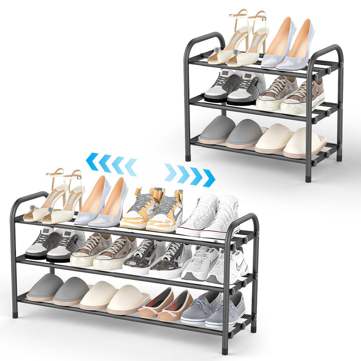 Expandable Schuhregal – 3 Ebenen Metall-Schuhregal mit Ausziehbarer Breite (42-80 cm) in Schwarz, id