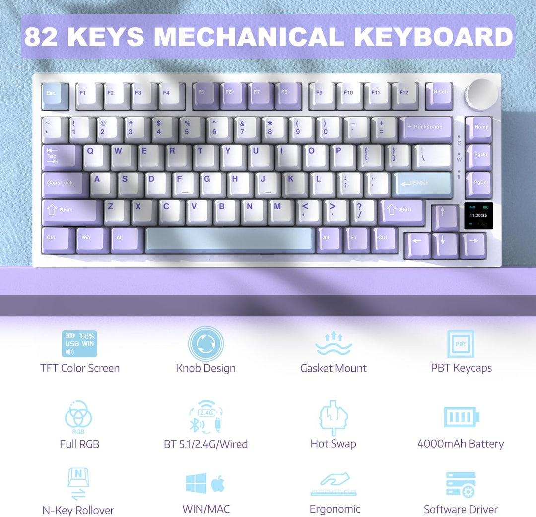 AJAZZ AK820PRO 75% TKL mechanische Tastatur,2,4G kabellos/BT5.1/USB-C verkabelt,81 Tasten mit TFT-Fa