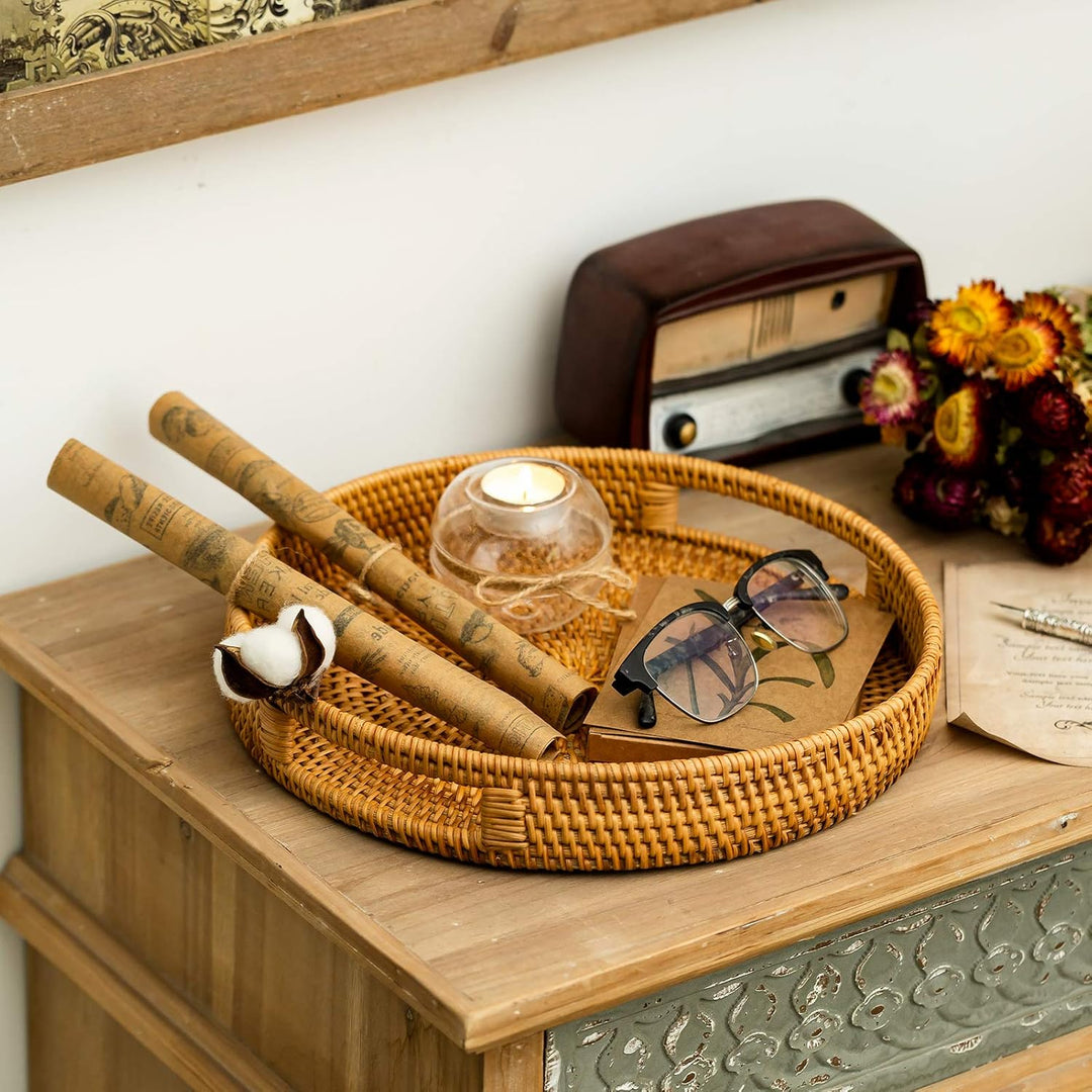 Sziqiqi Rattan Serviertablett mit Griffen 35cm Handgewebtes Wicker-Tablett Rattan-Tablett Rustikales