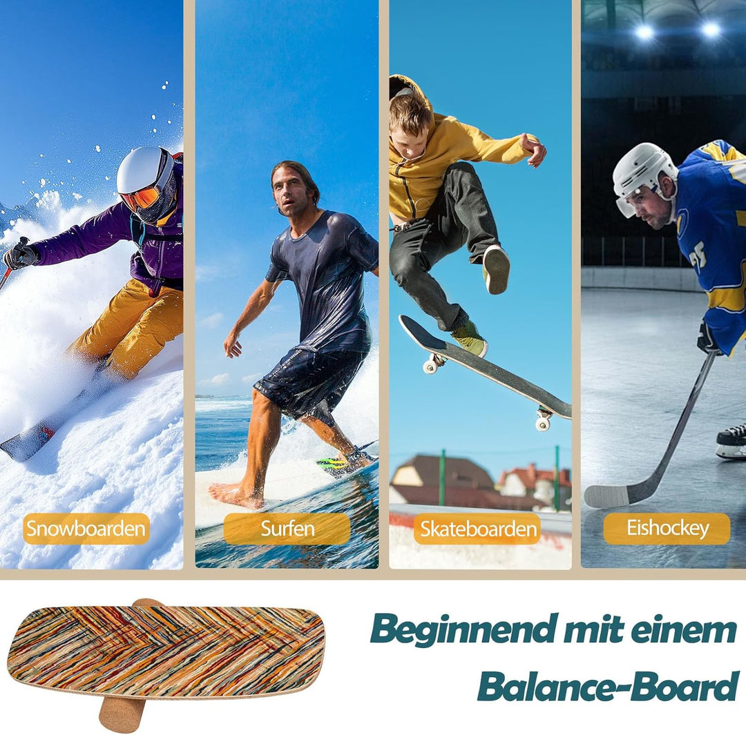 GYMAX Balance Board aus Birkholz, Wackelbrett mit Korkrolle, Indoor Surfboard für Surf-, Skateboard-