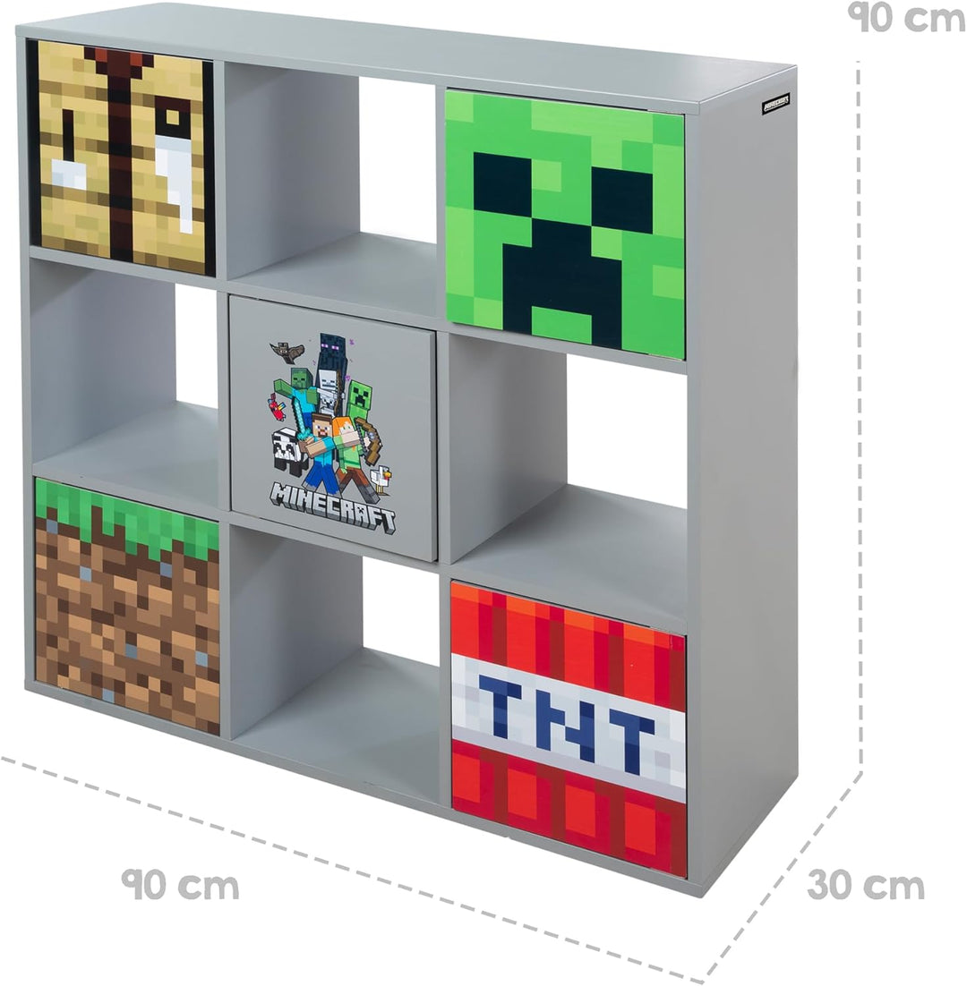 Phoenix Group Minecraft - 3x3 Regal, Raumteiler mit Türen und offenen Fächern, Grau