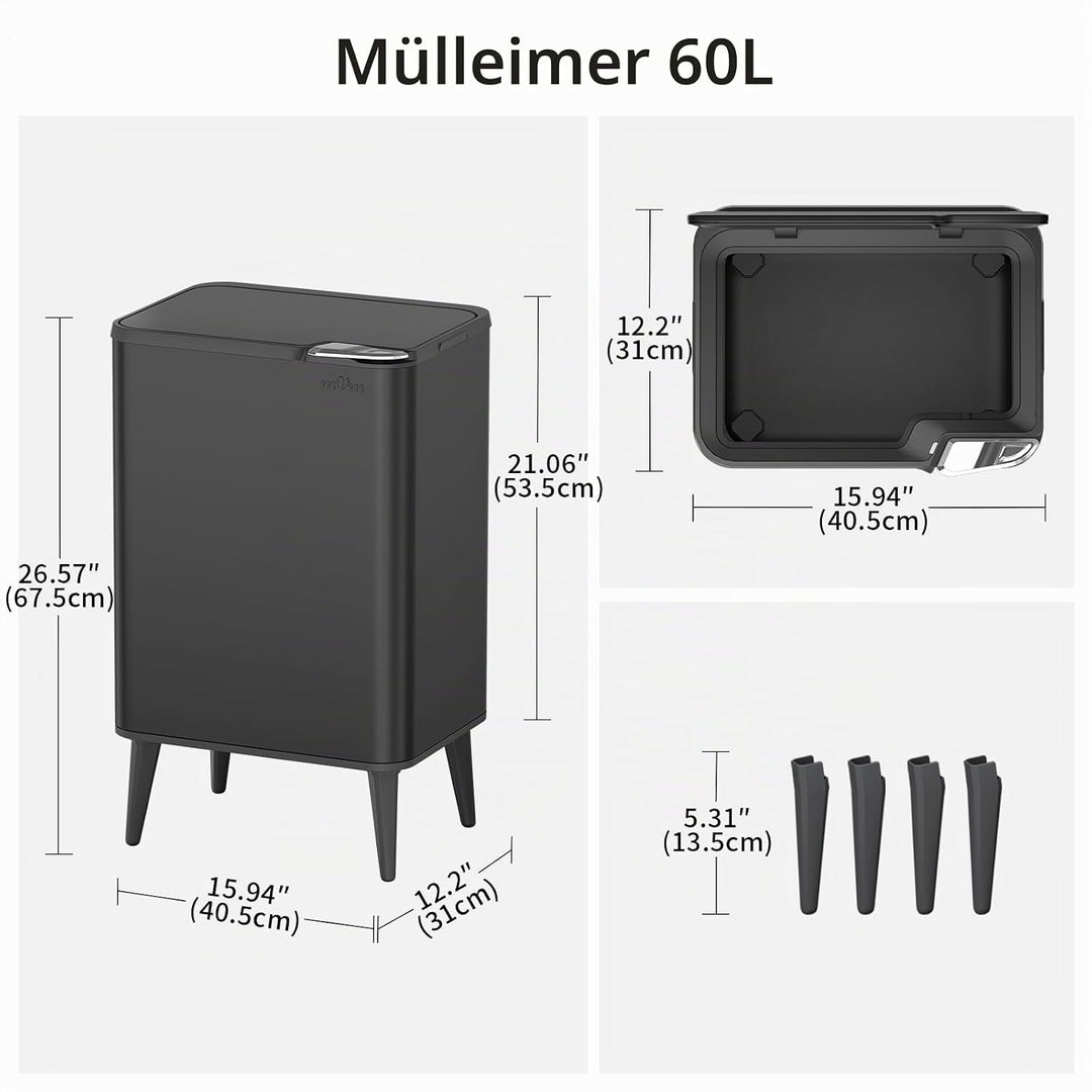 mVm Küchen &amp; Büromülleimer 60L, Edelstahl, Rechteckig, Mit Deckel &amp; Geruchsfilter, Sanftschliessend