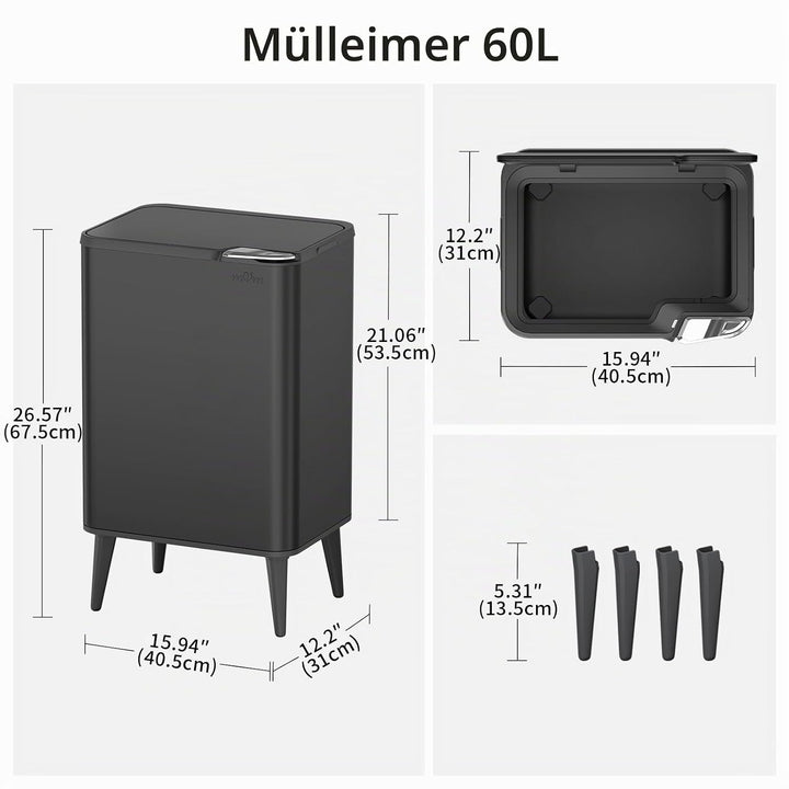 mVm Küchen &amp; Büromülleimer 60L, Edelstahl, Rechteckig, Mit Deckel &amp; Geruchsfilter, Sanftschliessend