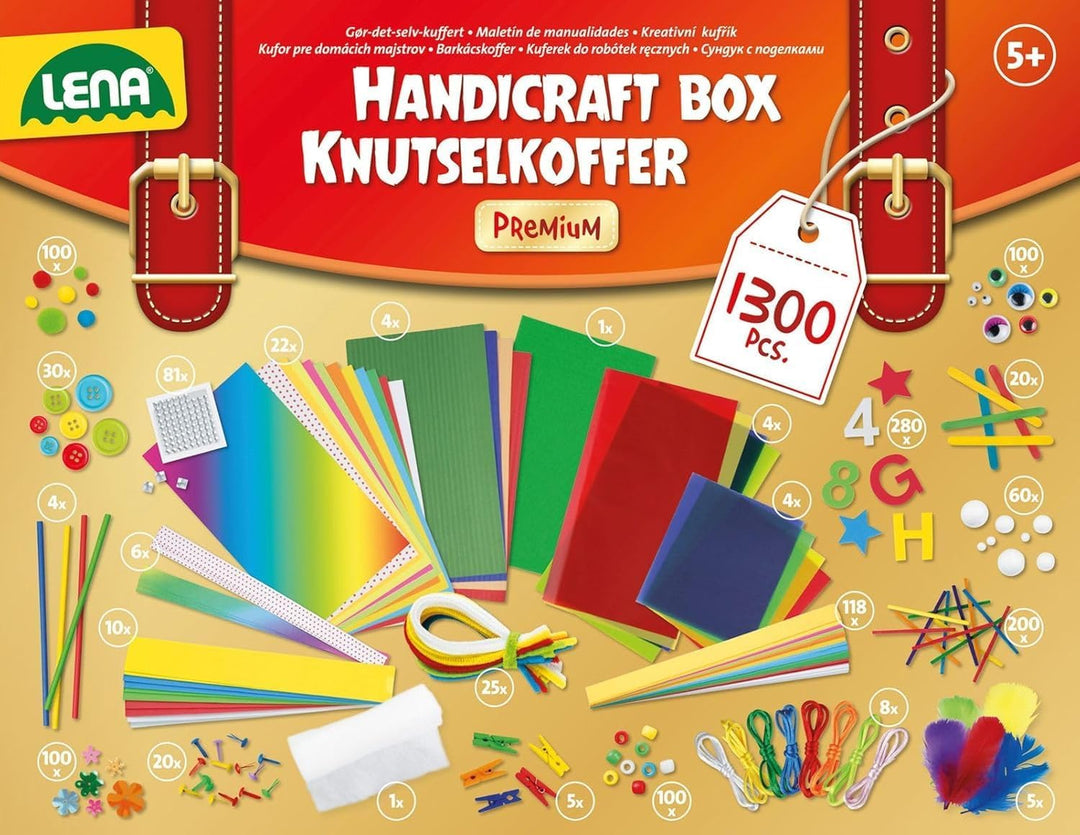 Lena 42663 Premium XXL Bastelkoffer mit 1300 Teile, Material zum Basteln, mit Moosgummi, Buntpapier,