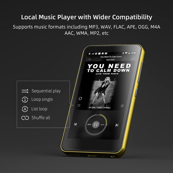 MP3-Player mit Bluetooth und WLAN, 4"-Voll-Touchscreen MP4 - mit Spotify, Android-Streaming-Musikpla