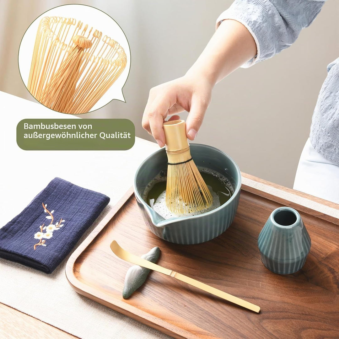 Matcha Set Premium 7-teilig Keramik: Matcha Schale, Bambus Besen (Chasen),Teebesenbasis，Teelöffel, S