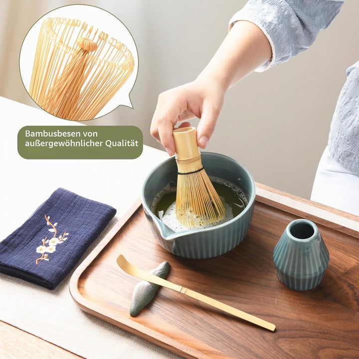 Matcha Set Premium 7-teilig Keramik: Matcha Schale, Bambus Besen (Chasen),Teebesenbasis，Teelöffel, S