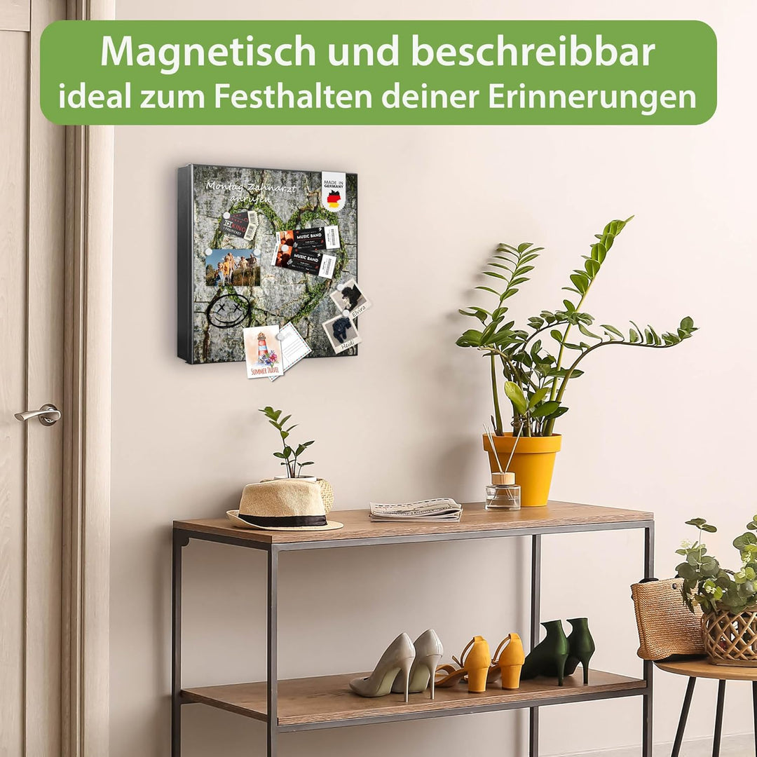 banjado® Grosser Schlüsselkasten Glas/Schlüsselbox 30cm x 30cm mit 50 Haken - Motiv Herz Aus Moos/Sc