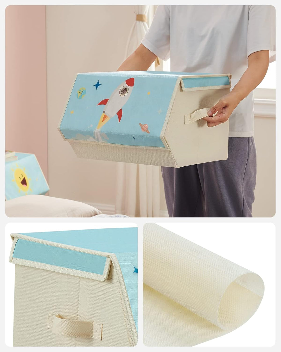 SONGMICS Aufbewahrungsbox Kinder, 3er Set, Faltboxen, Spielzeugkiste mit Deckel, 38 x 35 x 25 cm, fü