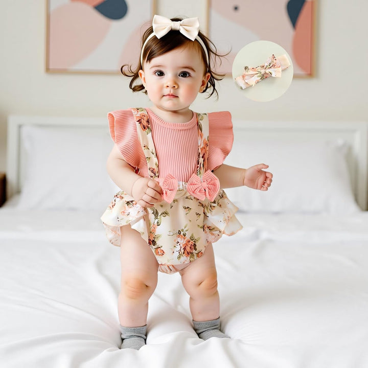 2 Stück Baby Mädchen Sommer Kleidung Outfit Blumendruck Strampler + Stirnband Kleinkinder Body Kleid