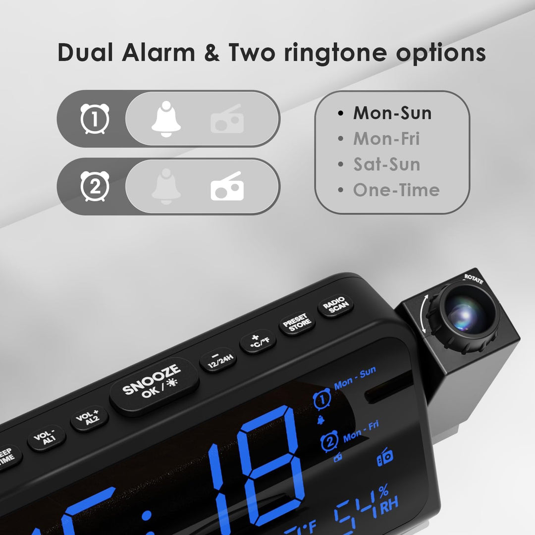 ROCAM Radiowecker mit Projektion, Projektionswecker für Schlafzimmer, Digital Uhr, Dimmer, Typ-C USB