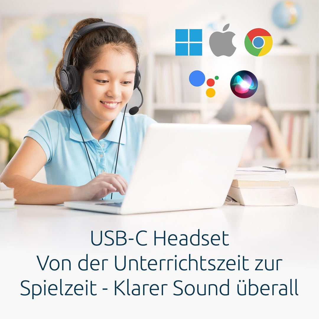 Kensington Klassisches EQ USB-C Headset mit Mikrofon und Lautstärkeregler, 1,8 m geflochtenes Nylonk