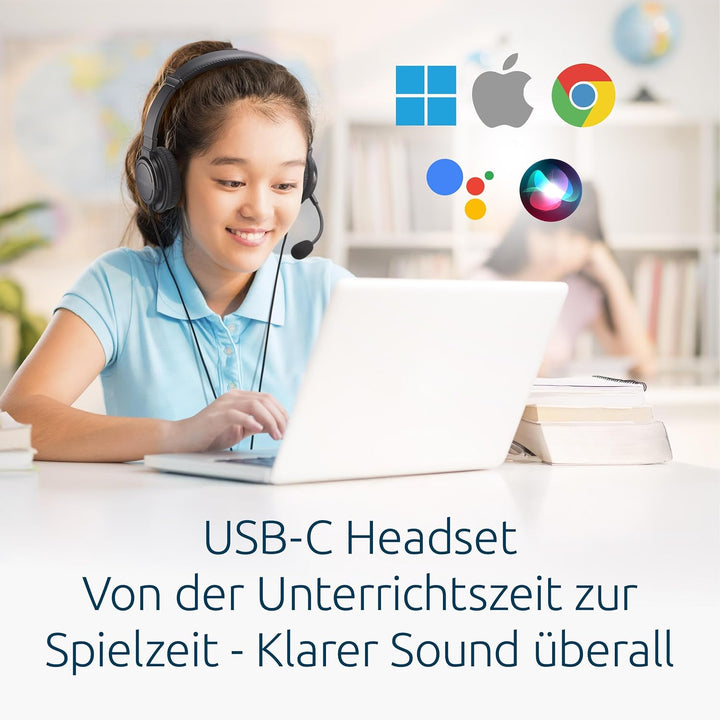 Kensington Klassisches EQ USB-C Headset mit Mikrofon und Lautstärkeregler, 1,8 m geflochtenes Nylonk