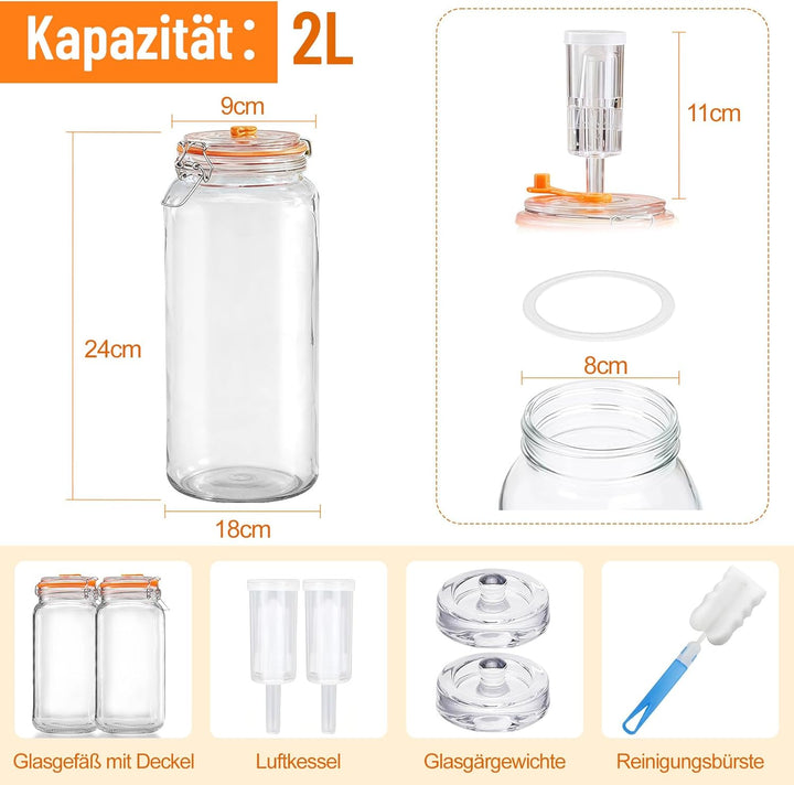 Fermentierglas 2 Stück 2L, Fermentationsglas mit Gärventi & Gewicht, Kimchi Behälter, Gärglas für Sa