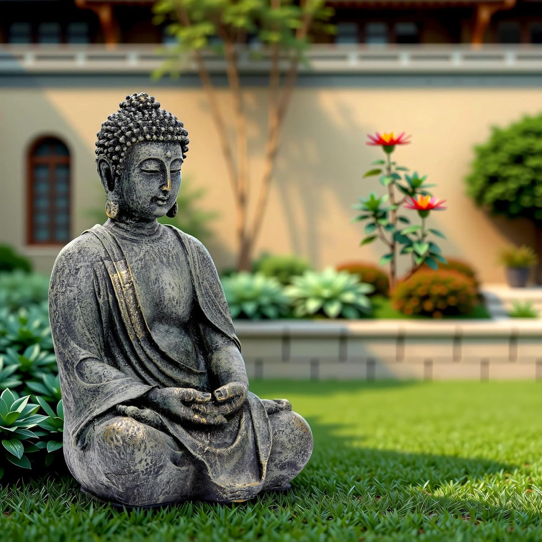 Buddha Figur Garten Gross 38cm - Sitzende Buddha Statue Wetterfest & Frostsicher aus Polyresin - Gar