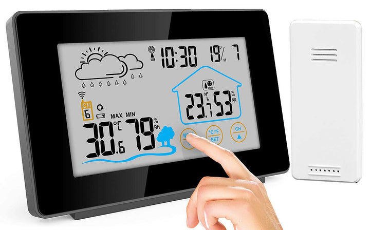 infactory Indoor Wetterstation: Funk-Wetterstation mit Aussensensor, Display-Touchfunktion, Wettertr