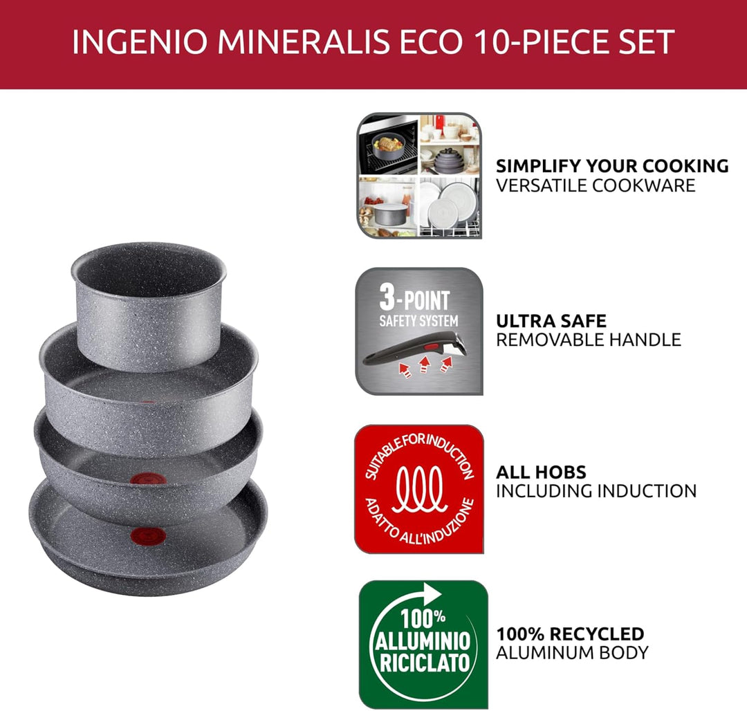 Lagostina Ingenio Mineralis Eco Antihaft-Pfannen-Set, 100% recycelt, 10 Stück, Kasserolle 16 cm, Pfa