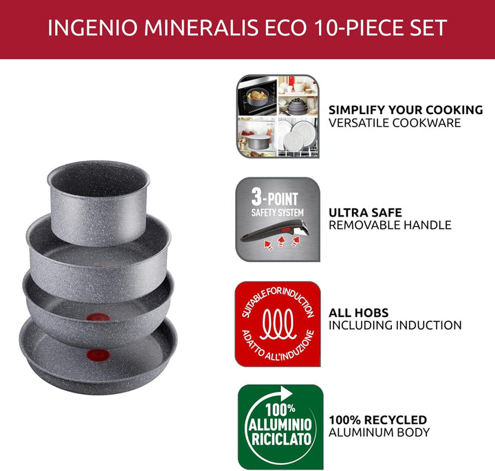 Lagostina Ingenio Mineralis Eco Antihaft-Pfannen-Set, 100% recycelt, 10 Stück, Kasserolle 16 cm, Pfa
