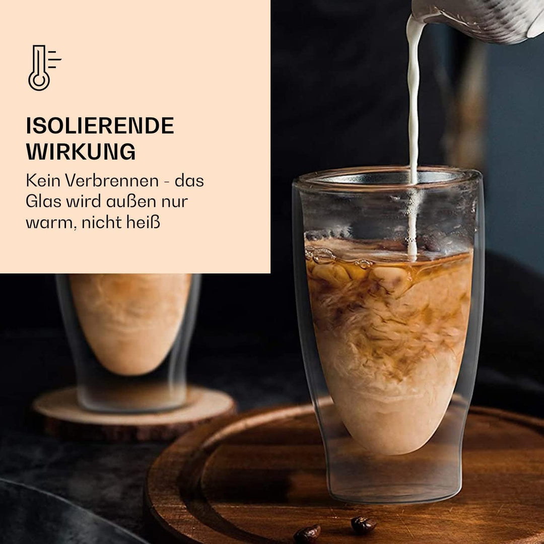 DUOS® Latte Macchiato Gläser 4x 400ml + 4x Löffel, Cappuccino Tassen, Eiskaffee Doppelwandige Kaffee