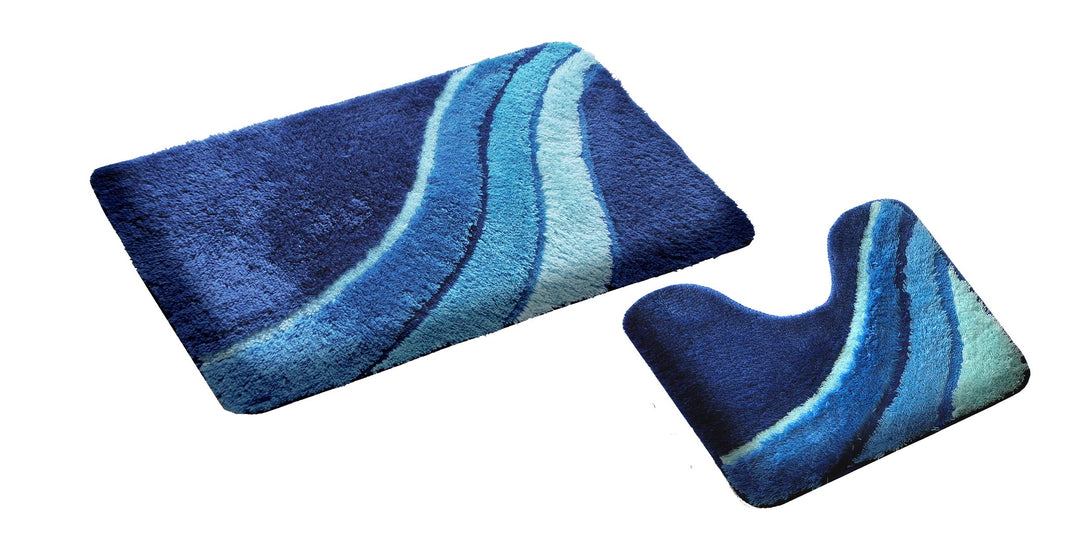 S&S-Shop Badematte Set | Blau | Kiel | mit Ausschnitt | 2 teilig | rutschfest | WC-Vorleger 50 x 45