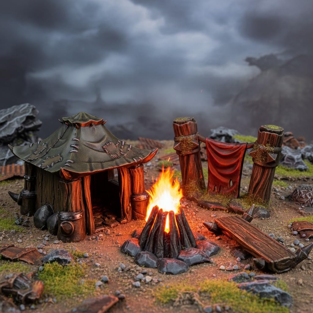 Orc Camp Set: Rustikale Kabine, Kampfbanner, gemütliches Lagerfeuer und Holzbank – 28/32 mm Massstab