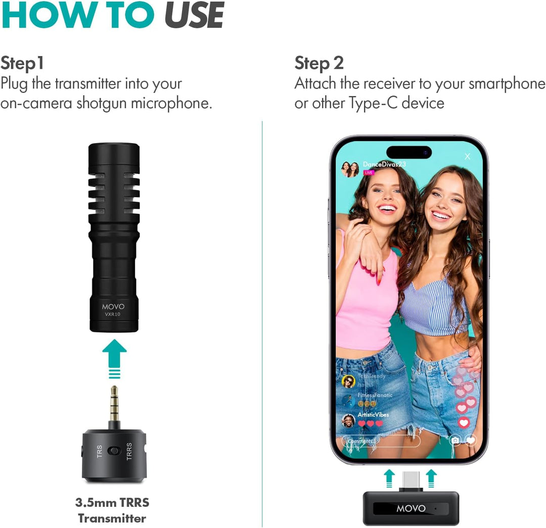 Movo WM-VXR10 Kabelloser Shotgun-Mikrofonadapter für USB-C/iPhone 15 und höher/Android-Geräte – komp