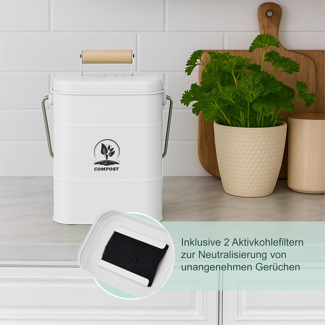 Relaxdays Komposteimer Küche, 3,5 Liter, 2 Aktivkohlefilter, mit Deckel, Henkel, Eisen & Holz, Biomü
