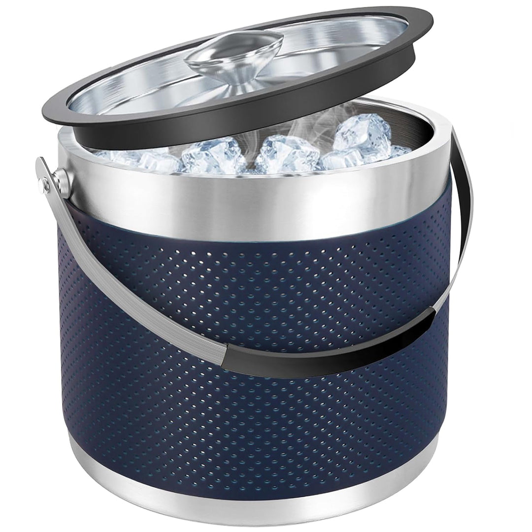 3.2L Eiswürfelbehälter mit Deckel und Schaufel, Upgrade Lederdesign Edelstahl Eiskübel, Doppelwandig