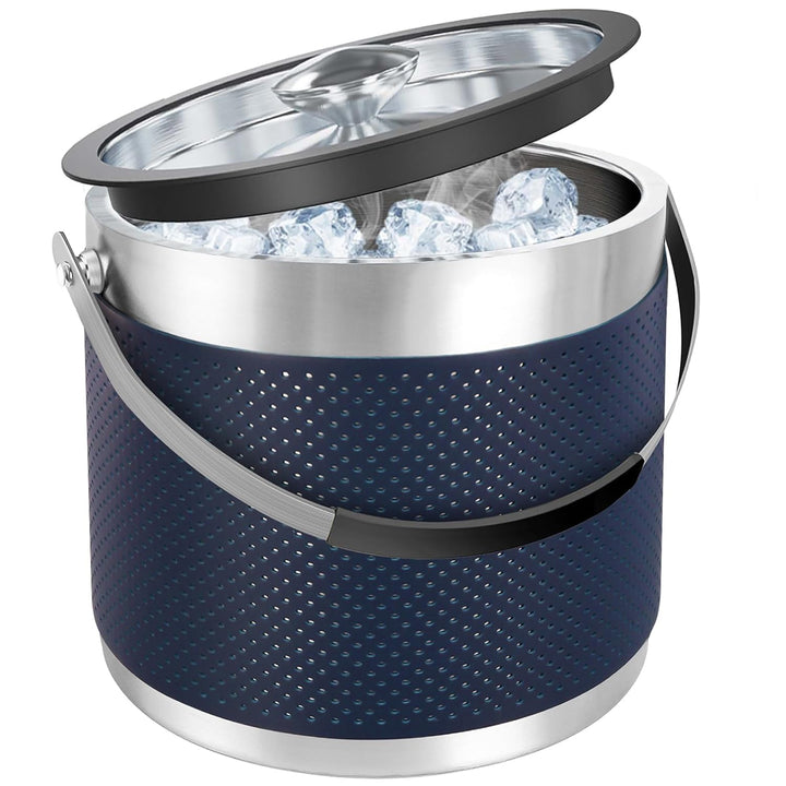 3.2L Eiswürfelbehälter mit Deckel und Schaufel, Upgrade Lederdesign Edelstahl Eiskübel, Doppelwandig