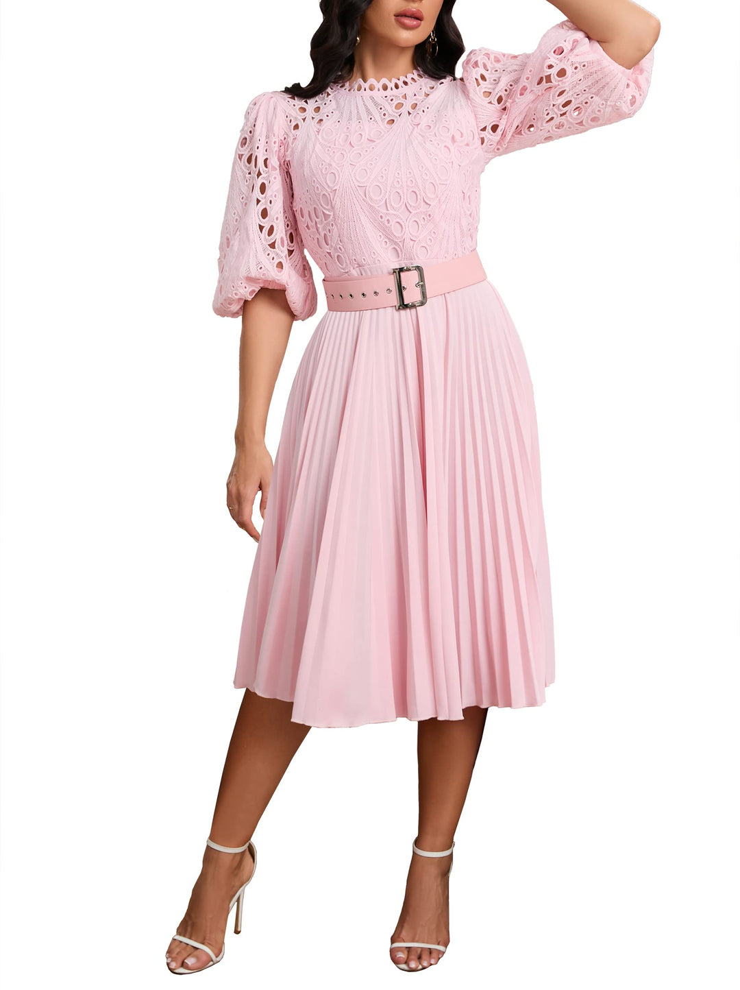 Spitzenkleid, plissiert, Puffärmel, wadenlang, kurze Ärmel, Midi-Kleid, hohles Party-Abendkleid M Ro