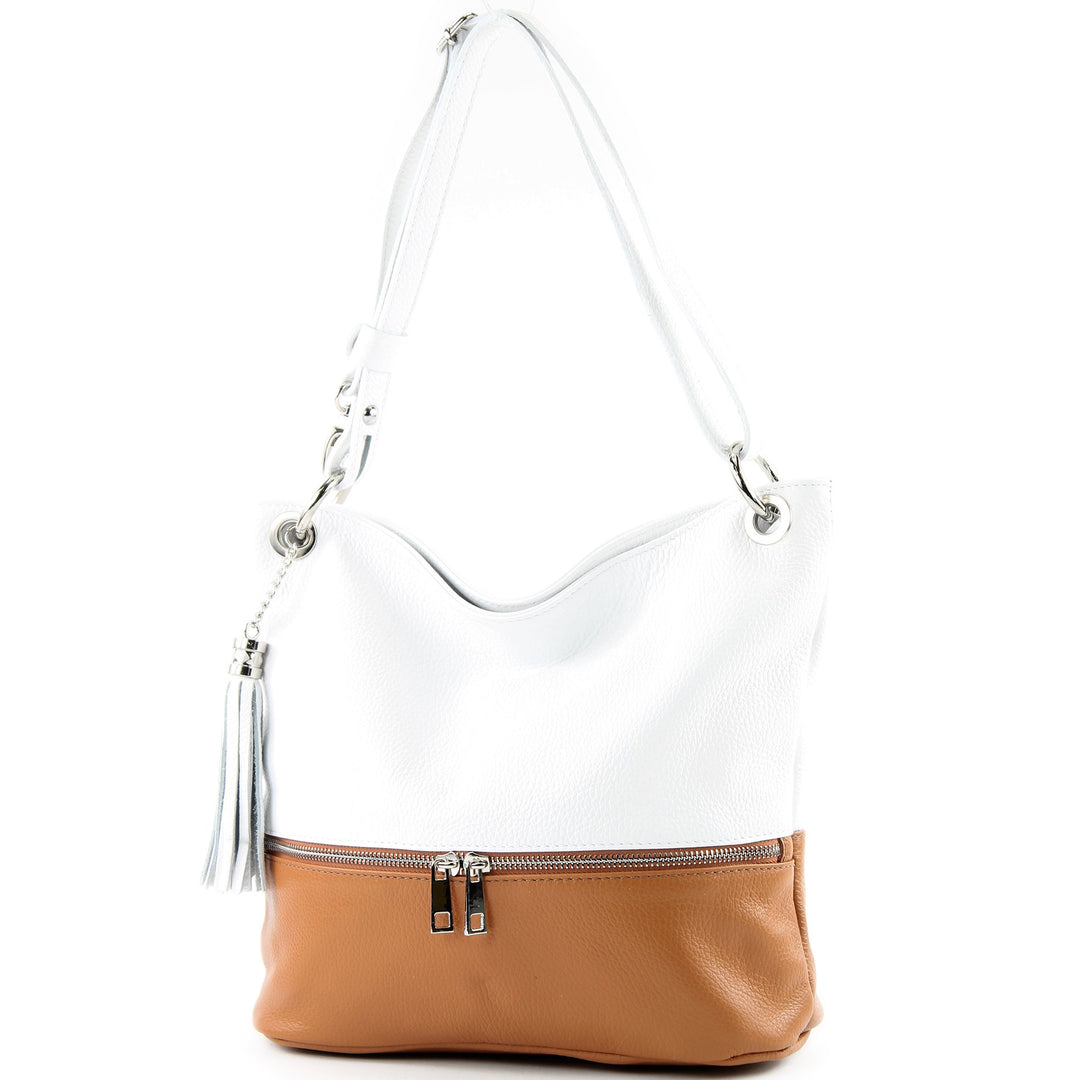modamoda de - T143 - ital. Leder Schultertasche Umhängetasche Weiss/Camel, Weiss/Camel