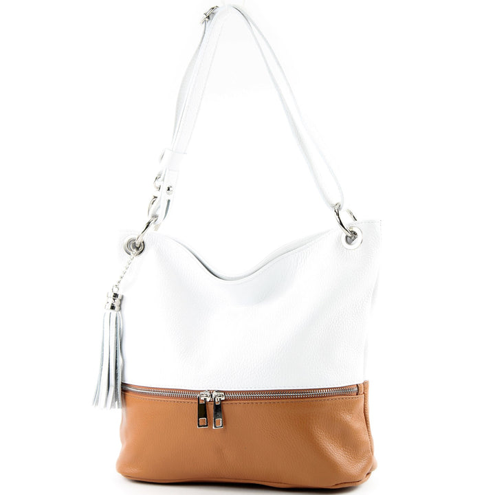 modamoda de - T143 - ital. Leder Schultertasche Umhängetasche Weiss/Camel, Weiss/Camel